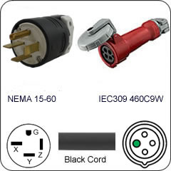 Plug Adapter NEMA 15-60 Plug to 460C9W Connector 1 Foot Cord