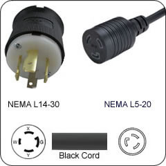 Plug Adapter NEMA L14-30 Plug to L5-20 Connector 1 Foot Cord