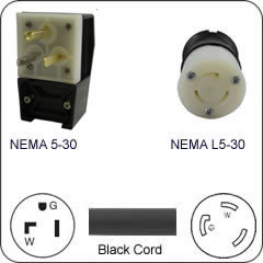 Plug Adapter NEMA 5-30 Plug to L5-30 Connector 1 Foot Cord