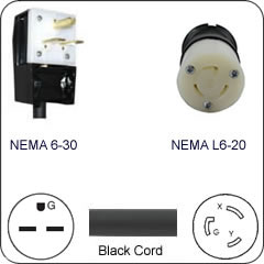 Plug Adapter NEMA 6-30 Down Angle Plug to L6-20 Connector 1 Foot Cord