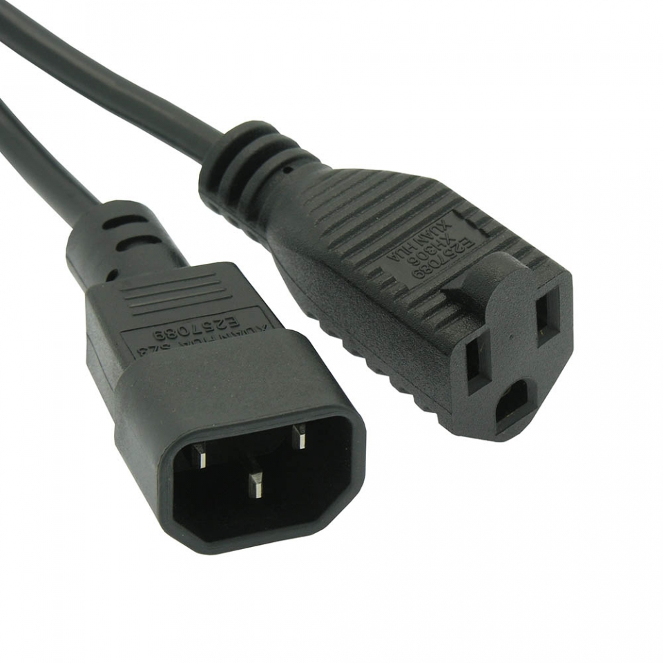 Power Cord IEC320 C14 to NEMA 5-15R - 10Amp 18awg - 1 Ft