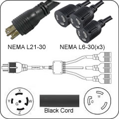 L21-30 Plug to 3 Way L6-30 Connector 10'- Splitter Cable