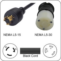 Plug Adapter NEMA L5-15 Plug to L5-30 Connector 1 Foot Cord
