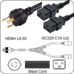 Splitter Power Cord L6-30 Plug to 2 Way IEC 60320 C19 Connector 10'