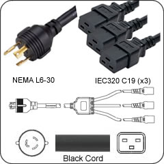 Splitter Power Cord L6-30 Plug to 3 Way IEC 60320 C19 Connector 10'