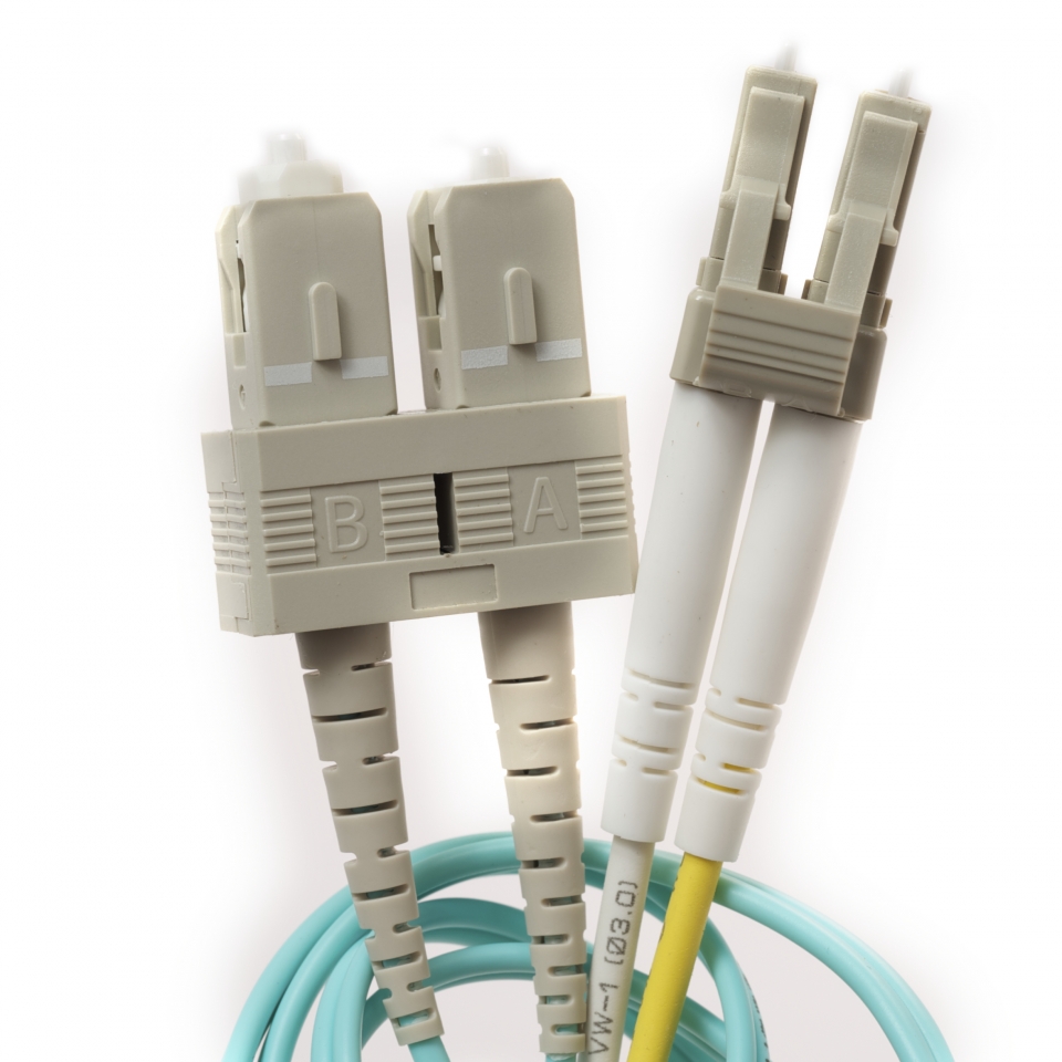 LC-SC 3 Meter OM4 Duplex Aqua Jacket Fiber Optic Cable- 50 micron 850nm Laser Optimized