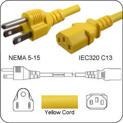 12 Ft. 5-15P TO C13  PC to AC Outlet 10 Amp Power Cord- Yellow