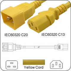 C20 Plug Male to C13 Connector Female 5 Feet 15 Amp 14/3 SJT 250v Power Cord- Yellow