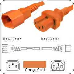 3 FT C14-C15 Orange PDU- Server 15 Amp Power Cord