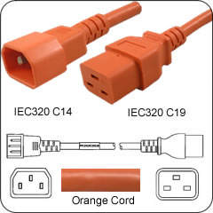 C14 Plug Male to C19 Connector Female 6 Feet 15 Amp 14/3 SJT 250v Power Cord- Orange