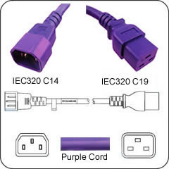 C14 Plug Male to C19 Connector Female 6 Feet 15 Amp 14/3 SJT 250v Power Cord- Violet