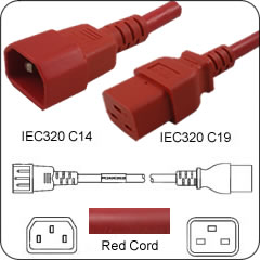 C14 Plug Male to C19 Connector Female 15 Feet 15 Amp 14/3 SJT 250v Power Cord- Red