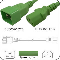 C20 Plug Male to C13 Connector Female 10 Feet 15 Amp 14/3 SJT 250v Power Cord- Green