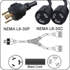 L6-30 Male to 2 L6-30 Female 4' Extension Cord