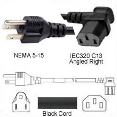 C13 Right Angle to 5-15p 15 feet 15 amp Power Cable
