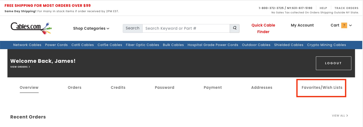 Step 1 - How To Add Favorites or Wish List - Miva - Cables.com