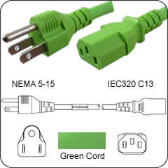 15 Ft. Green Power Cord 5-15P TO C13  PC to AC Outlet 10 Amp