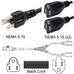 Splitter Power Cord NEMA 5-15 Plug to 2 Way NEMA 5-15 Connector 14 Inc