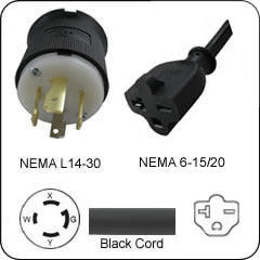 Plug Adapter NEMA L14-30 Plug to 6-15/20 Connector 1 Foot Cord