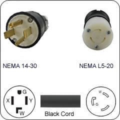 Plug Adapter NEMA 14-30 Plug to L5-20 Connector 1 Foot Cord