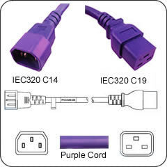 C14 Plug Male to C19 Connector Female 1 Feet 15 Amp 14/3 SJT 250v Power Cord- Violet