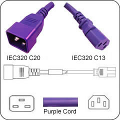 C20 Plug Male to C13 Connector Female 10 Feet 15 Amp 14/3 SJT 250v Power Cord- Violet