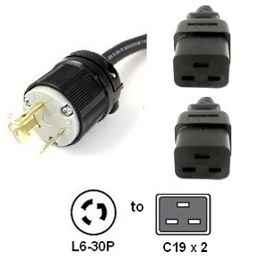 L6-30P to 2x C19 Y Splitter Power Cord, 10 Foot, 20A, 250V