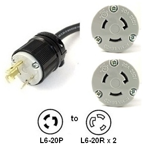 L6-20P to 2x L6-20R Y Splitter Power Cord