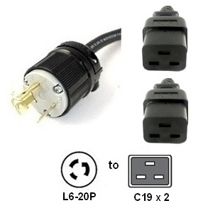 L6-20P to 2x C19 Y Splitter Power Cord, 10 Foot, 20A, 250V