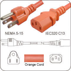 5-15P TO C13  PC to AC Outlet 15 Amp Power Cord- Orange