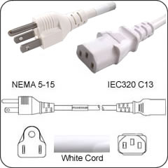 5-15P TO C13  PC to AC Outlet 10 Amp Power Cord- White