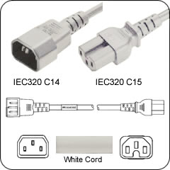 3 FT C14-C15 White PDU- Server 15 Amp Power Cord