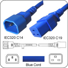 C14 Plug Male to C19 Connector Female 2 Feet 15 Amp 14/3 SJT 250v Power Cord- Blue
