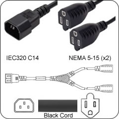 IEC320 C14 to 2x NEMA 5-15R  Splitter- 10Amp 18awg - 2 Ft