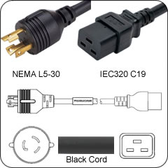 Power Cord - NEMA L5-30P to IEC C19 125 Volt - 8'